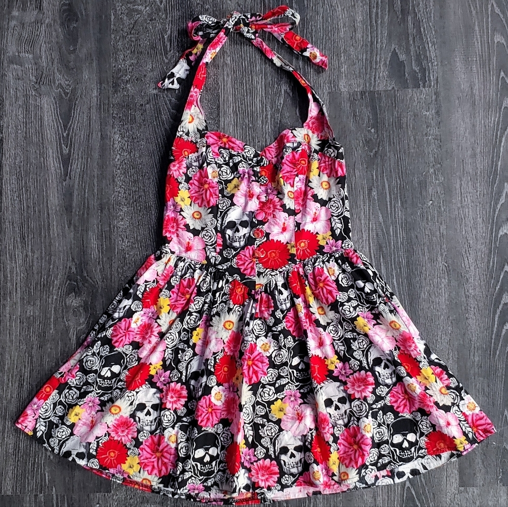 Hell Bunny floral skull halter dress